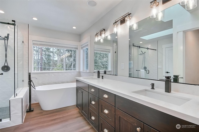 bathroom with wood-type flooring, independent shower and bath, and vanity