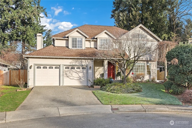 view of front property featuring a garage and a front lawn