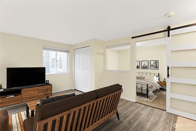 living room with a barn door and wood-type flooring