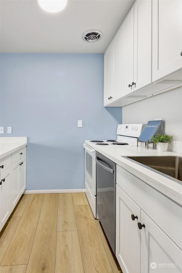 kitchen with sink, white cabinets, stainless steel dishwasher, and light hardwood / wood-style flooring