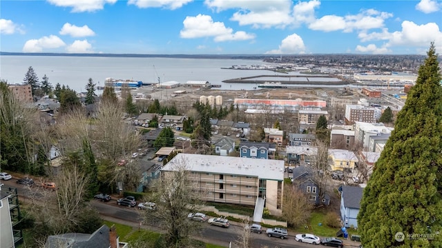 aerial view featuring a water view