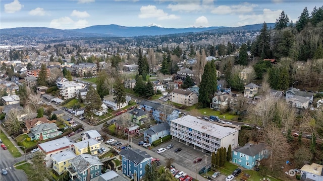 drone / aerial view featuring a mountain view