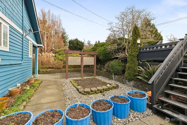 view of yard featuring a pergola and a patio