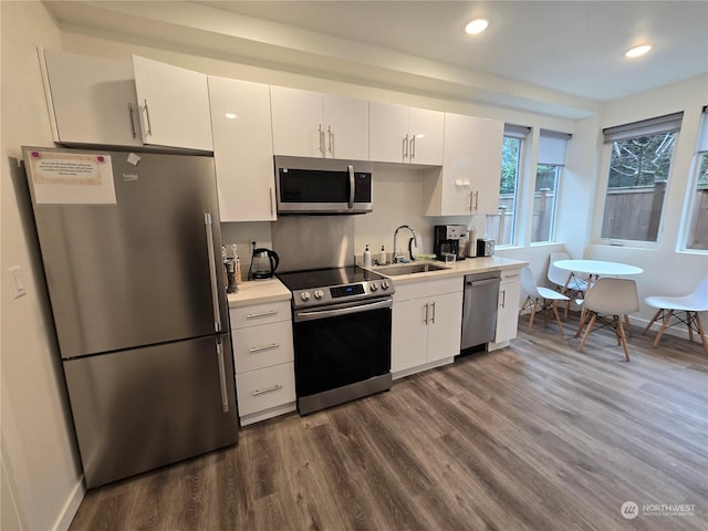 kitchen featuring white cabinetry, stainless steel appliances, dark hardwood / wood-style floors, and sink