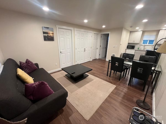 living room with sink and hardwood / wood-style flooring