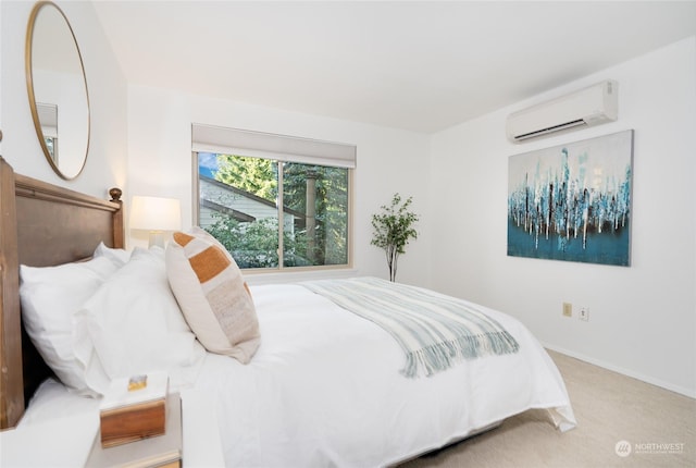 carpeted bedroom featuring a wall mounted air conditioner