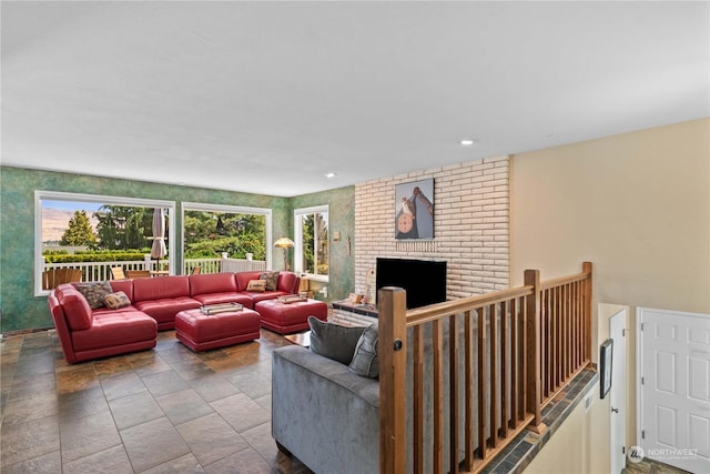 living room with a fireplace