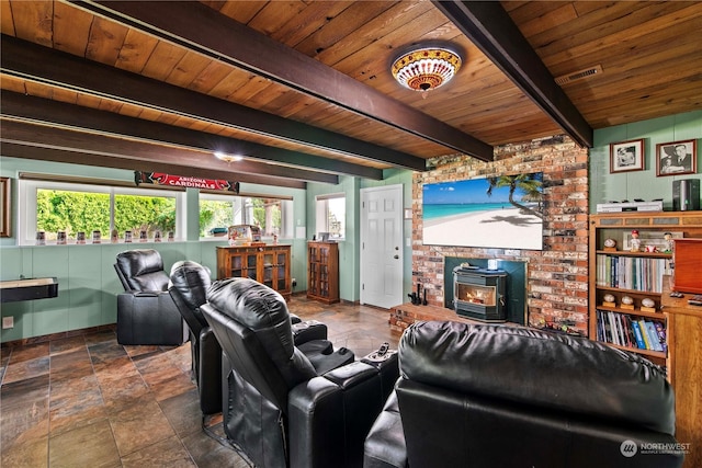 living room with wooden ceiling, a wealth of natural light, and beamed ceiling