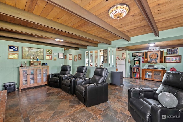 cinema room with beam ceiling and wooden ceiling