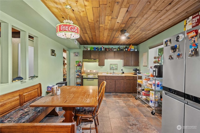 dining area with sink and wooden ceiling