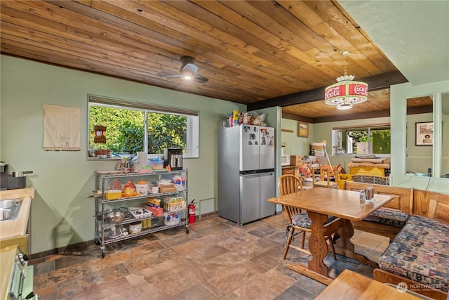 kitchen with a healthy amount of sunlight, stainless steel fridge, and wooden ceiling