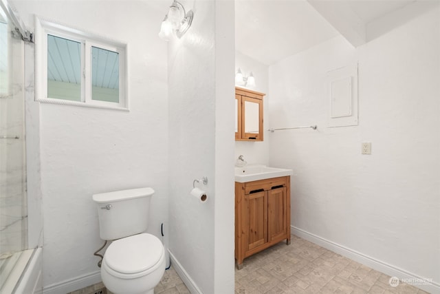 bathroom featuring walk in shower, vanity, toilet, and electric panel