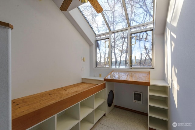 interior space featuring ceiling fan
