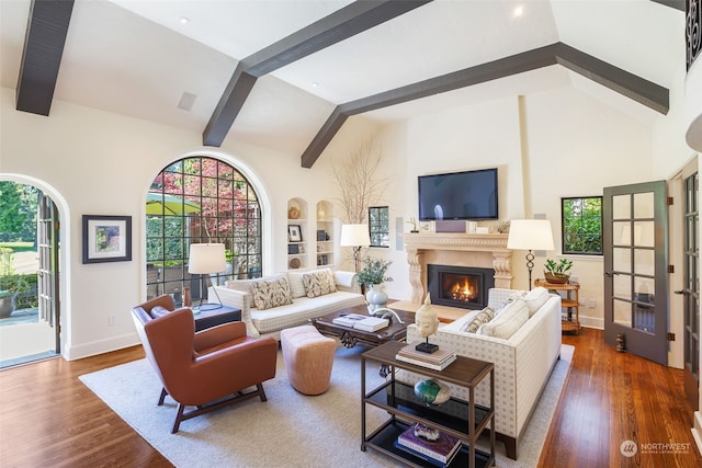 living room featuring dark hardwood / wood-style flooring, high vaulted ceiling, and a wealth of natural light