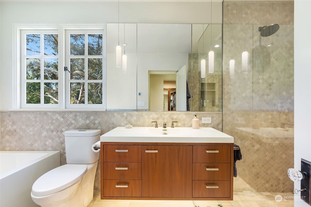 bathroom featuring vanity, toilet, a bathing tub, and tile walls