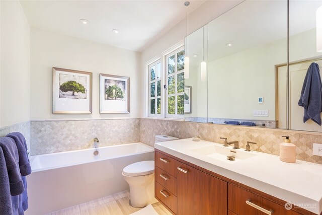 bathroom with vanity, a tub, and toilet