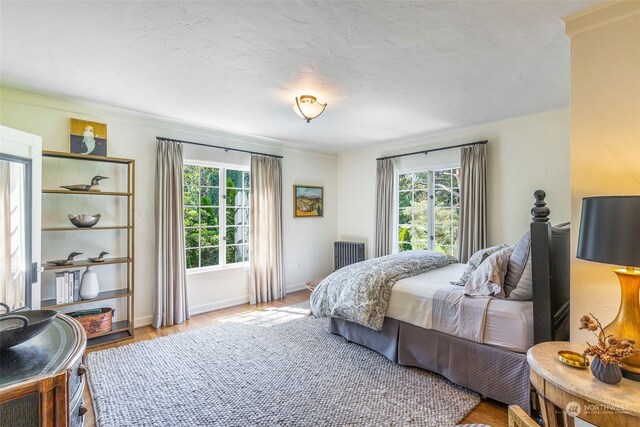 bedroom with radiator and light wood-type flooring