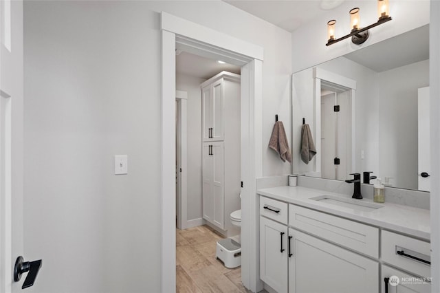 bathroom featuring toilet, vanity, and hardwood / wood-style floors