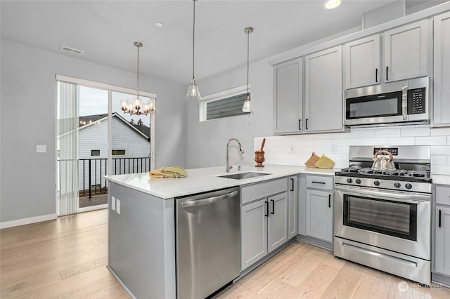 kitchen featuring gray cabinetry, sink, kitchen peninsula, pendant lighting, and stainless steel appliances