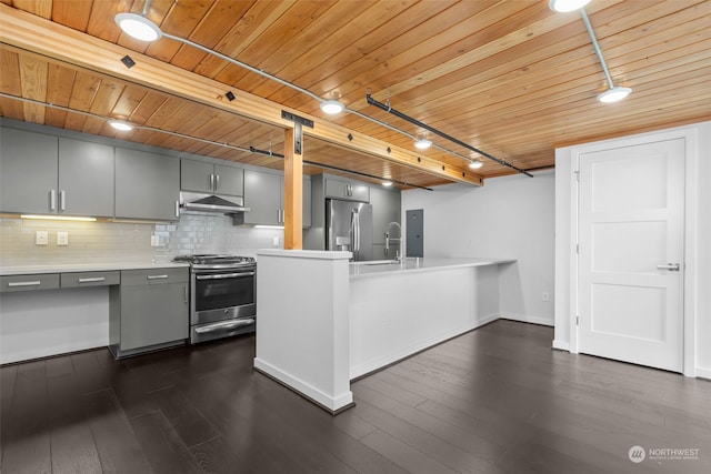 kitchen with tasteful backsplash, rail lighting, sink, wood ceiling, and stainless steel appliances