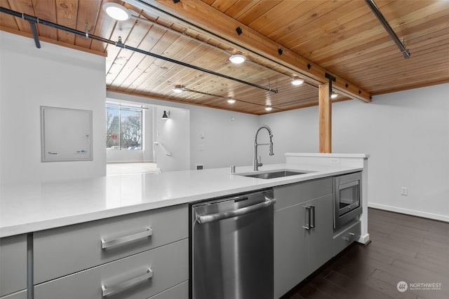 kitchen featuring sink, wood ceiling, gray cabinets, and appliances with stainless steel finishes