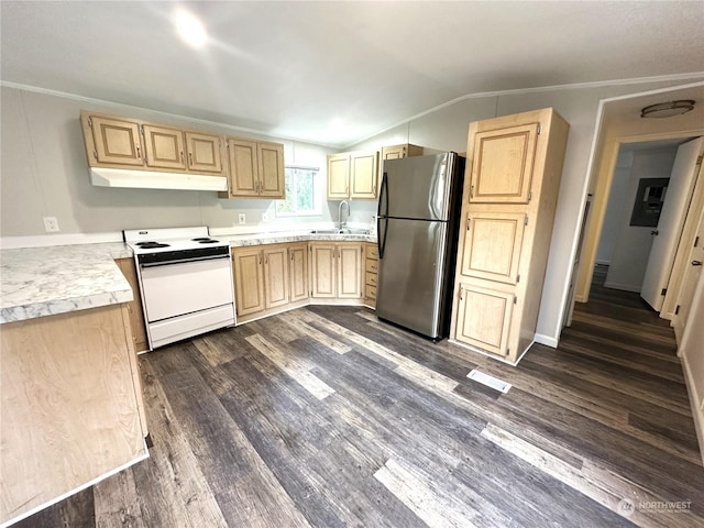 kitchen featuring white electric range, stainless steel fridge, sink, and light brown cabinets