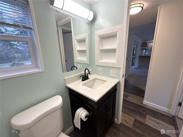 bathroom featuring hardwood / wood-style flooring, vanity, and toilet