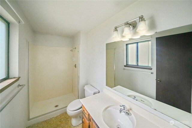 bathroom with a shower, vanity, and toilet