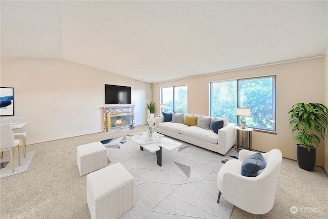 living room featuring vaulted ceiling and light colored carpet