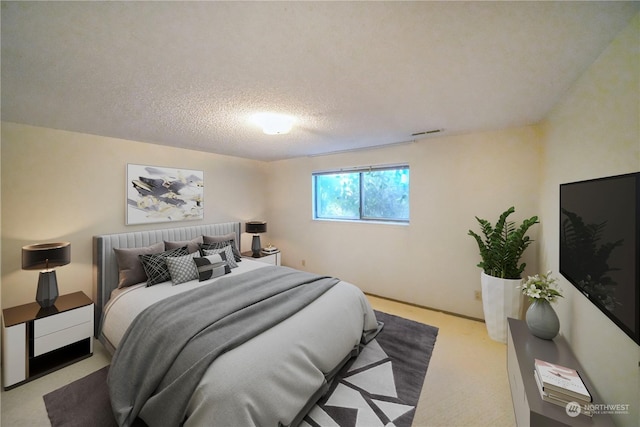 carpeted bedroom with a textured ceiling