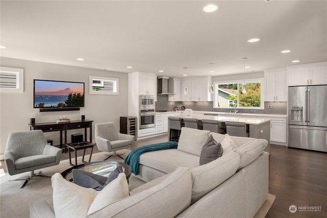 living room with dark wood-type flooring