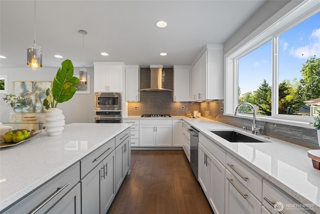 kitchen featuring stainless steel appliances, a healthy amount of sunlight, a sink, and wall chimney exhaust hood