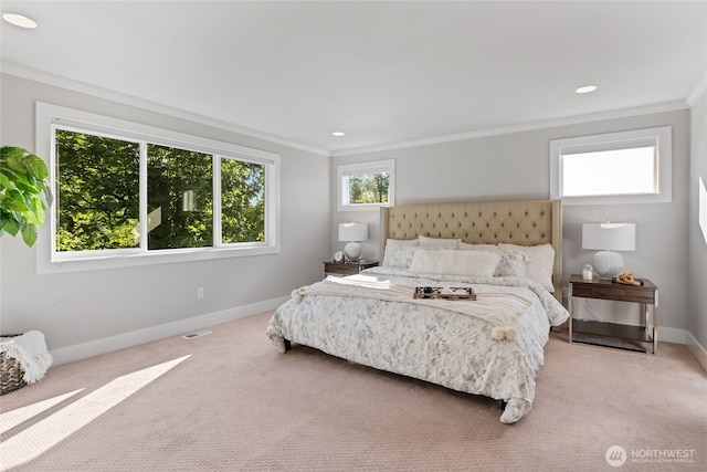 bedroom featuring crown molding, light colored carpet, recessed lighting, baseboards, and visible vents