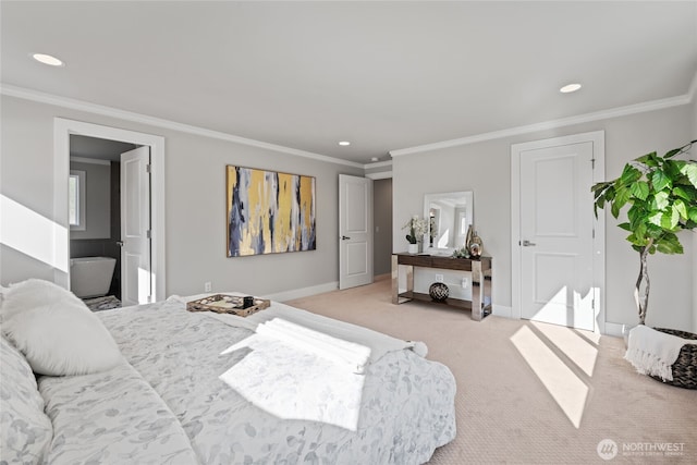 bedroom with recessed lighting, ornamental molding, baseboards, and light carpet