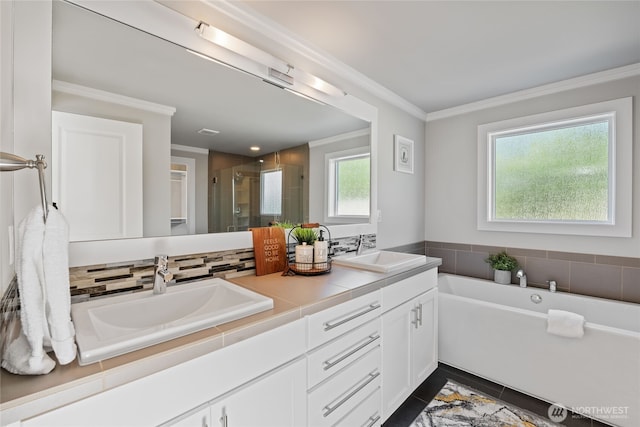 bathroom featuring a sink, ornamental molding, a stall shower, and double vanity