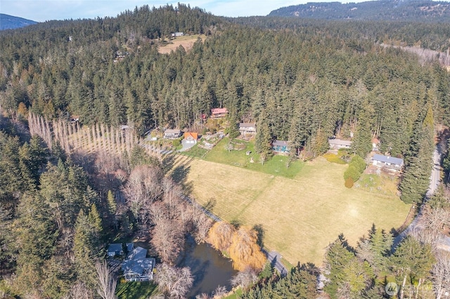aerial view with a mountain view and a view of trees
