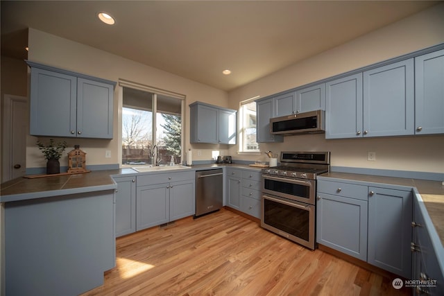 kitchen with appliances with stainless steel finishes, light hardwood / wood-style floors, sink, and gray cabinetry