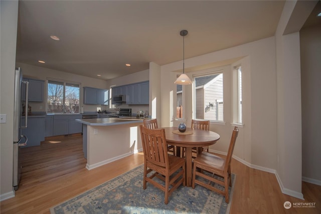 dining space featuring sink, a healthy amount of sunlight, and light wood-type flooring