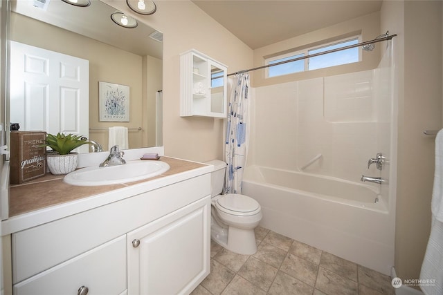 full bathroom featuring vanity, shower / bathtub combination with curtain, and toilet