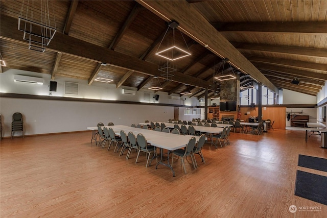 dining area featuring hardwood / wood-style floors, wooden ceiling, high vaulted ceiling, beam ceiling, and a wall mounted AC