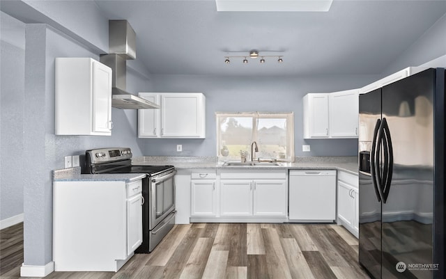 kitchen featuring white cabinetry, dishwasher, sink, stainless steel range with electric stovetop, and black fridge with ice dispenser