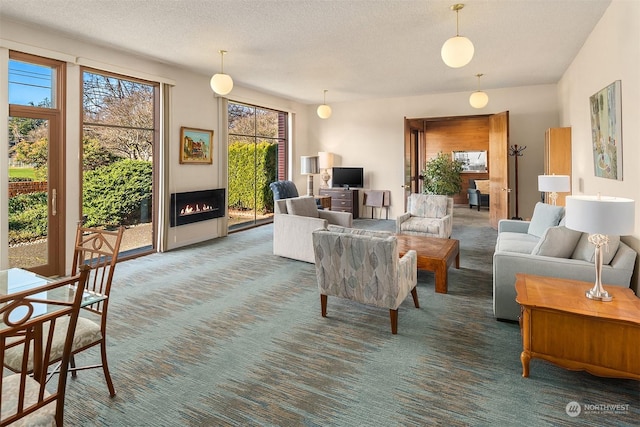 carpeted living room featuring a textured ceiling