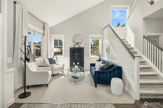 living room with dark hardwood / wood-style flooring, a healthy amount of sunlight, and high vaulted ceiling