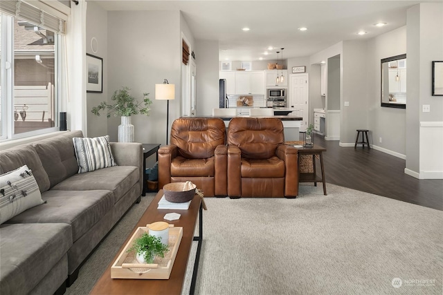 living room with dark hardwood / wood-style flooring