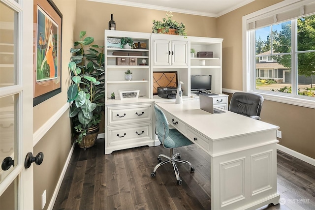 home office with dark hardwood / wood-style flooring and crown molding