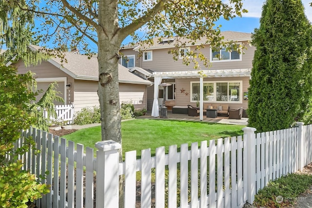 view of front of house featuring an outdoor hangout area, a front yard, and a pergola