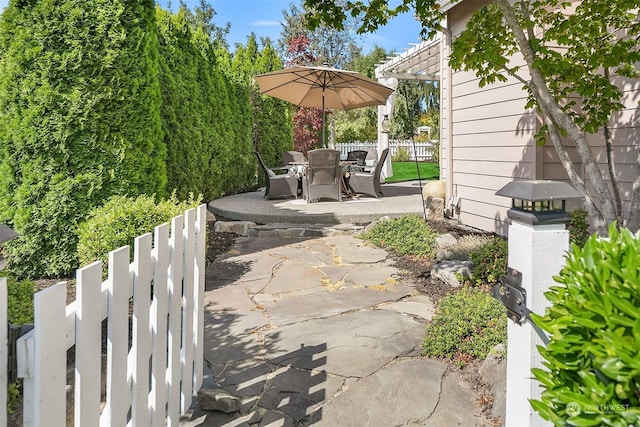 view of patio / terrace featuring a pergola