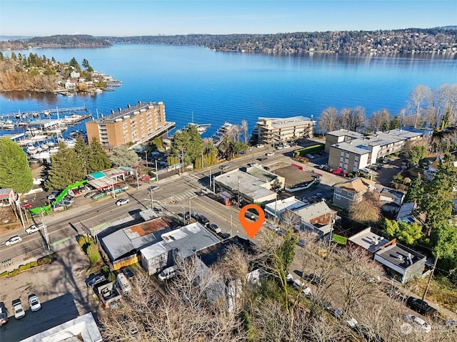 birds eye view of property with a water view