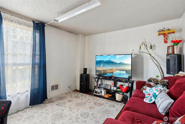 living room with carpet flooring and a textured ceiling