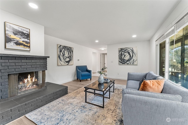 living room with a fireplace and hardwood / wood-style floors